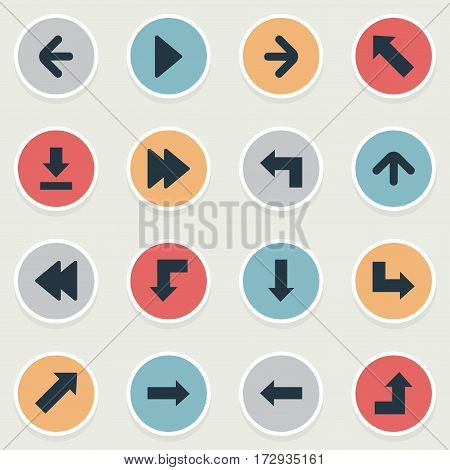 Set Of 16 Simple Arrows Icons. Can Be Found Such Elements As Reduction, Increasing, Rearward And Other.