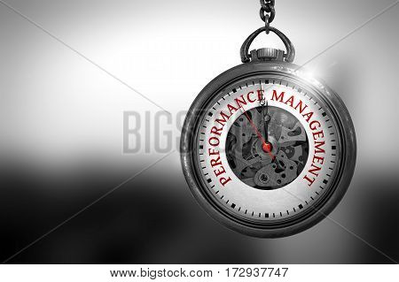 Business Concept: Performance Management on Vintage Watch Face with Close View of Watch Mechanism. Vintage Effect. Performance Management Close Up of Red Text on the Pocket Watch Face. 3D Rendering.
