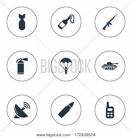 Set Of 9 Simple War Icons. Can Be Found Such Elements As Extinguisher, Ammunition, Molotov And Other.