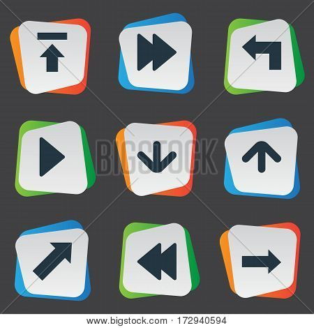 Set Of 9 Simple Arrows Icons. Can Be Found Such Elements As Rearward, Indicator, Upward Direction And Other.