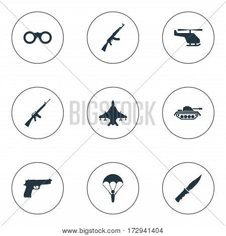 Set Of 9 Simple Military Icons. Can Be Found Such Elements As Cold Weapon, Heavy Weapon, Paratrooper And Other.