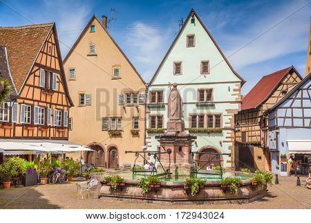 Historic town square of Eguisheim, Alsace region, France