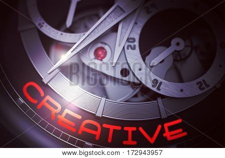 Creative - Black and White Close View of Wrist Watch Mechanism. Automatic Pocket Watch Machinery Macro Detail with Inscription Creative. Business Concept with Glow Effect and Lens Flare. 3D Rendering.