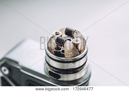 Mod for vaping device and dripping RDA without top cap, coils. Electronic e - cigarette,  vaporizer, vape, for quit smoke e-liquid.