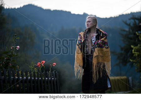 Ukrainian Hutsul Woman In National Costume With Shawl On Her Shoulders.