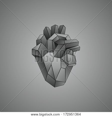 Polygonal gray human heart. Abstract vector realistic anatomical organ. Polygon mesh with the lines.
