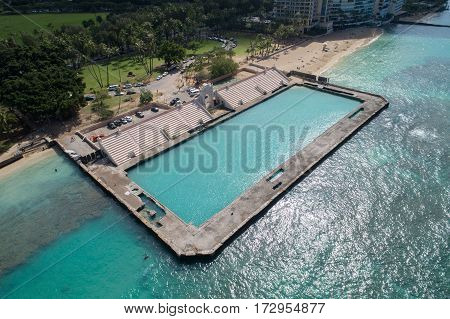 Aerial image of the Waikiki Natatorium War Memorial