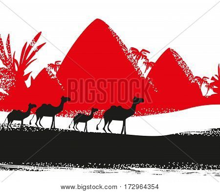 Camel caravan in wild africa , vector illustration