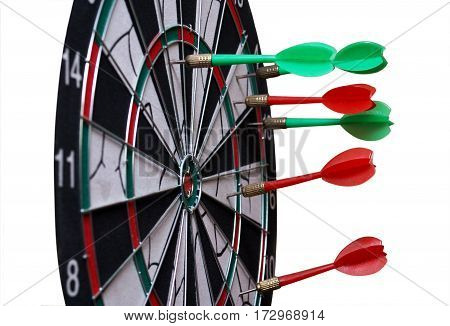 Red and green dart arrow hit the Board. Isolated on white.