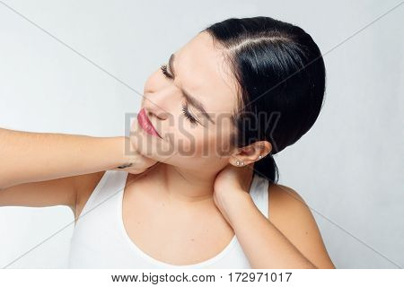 health people Sport and lifestyle concept - Tired Neck. Beautiful Young Woman Suffering From Neck Pain. Attractive Female Feeling Tired Exhausted Stressed. Girl Massaging Painful Neck With Hand.