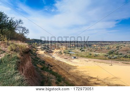 Sand quarry near the town of Orikhiv in Zaporizhzhia region of Ukraine. Excavator  electric power shovel , with bucket capacity of five cubic meters. September 2006
