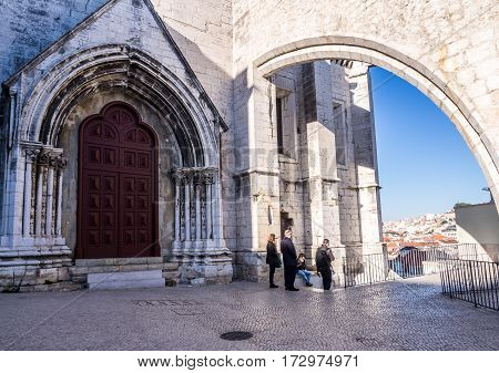 LISBON PORTUGAL - JANUARY 19 2017: Convent of Our Lady of Mount Carmel (Portuguese: Convento da Ordem do Carmo) in Lisbon Portugal.