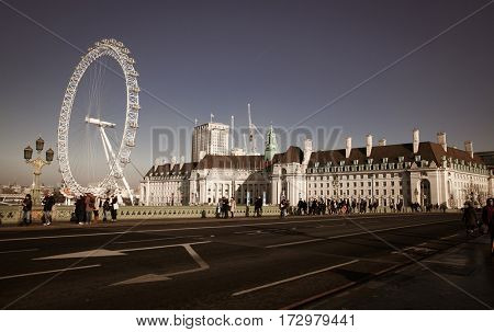 LONDON, UK - JANUARY 26, 2017: The EDF Energy London Eye next to the river Thames, UK