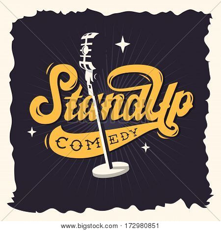 Stand Up Comedy Show Label Poster Sign Retro American Seventies New Age Western Script Lettering Design With A Scene Microphone Illustration.