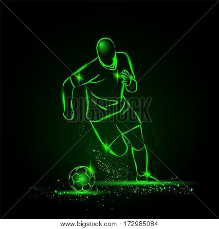 Dribbling football. soccer player running with the ball. Vector neon illustration.