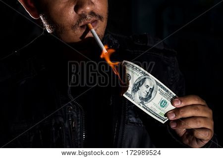 Gangster Mafia Killer Or Drug Dealer Using Dollar Banknote Dirty Money Received From The Illegal Bus