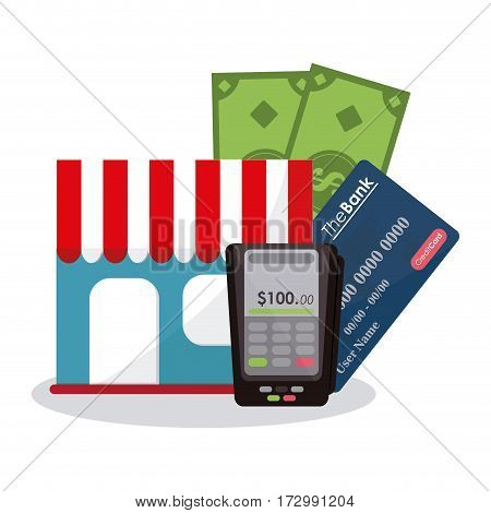 store with related icons of e-commerce concept over white background. colorful design. vector illustration