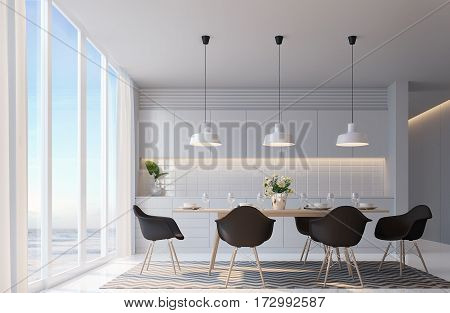 Modern white dining room with sea view. 3d rendering image,  warm light black furniture. There are large windows Looking to beautiful sea view