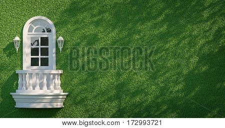 White balcony on green wall 3d rendering image. White balcony Classic Style on Green Wall with ivy There is Tree shadow across the wall