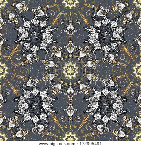 Christmas Snowflake New Year. Golden On Gray Background With Golden Elements. Vintage Pattern On Gra