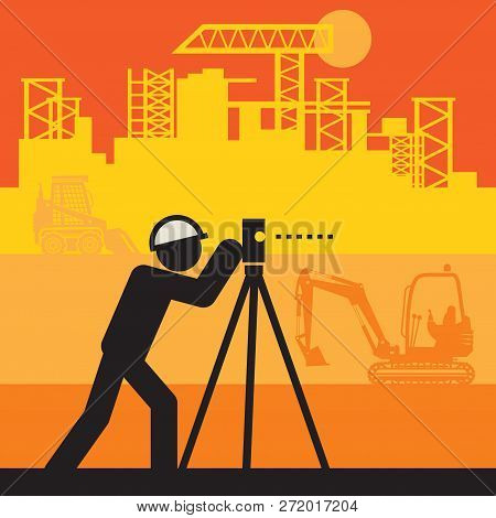 Civil Engineer Use The Theodolite On A Construction Site, Vector Illustration