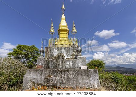The Golden Stupa On The Top Of Mount Phou Si In Luang Prabang, Laos.