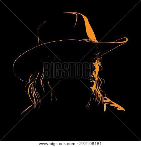 Girl With Cowboy Hat Silhouette In Contrast Backlight. Illustration.