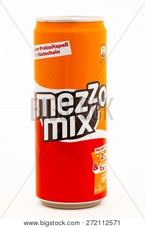 Huettenberg, German, Hessen - July 19, 2018: Can Of Mezzo Mix On White Background