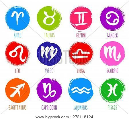 Collection Of Hand Drawn Zodiac Signs. Astrology Design Elements Set. Vector Graphic Illustration In