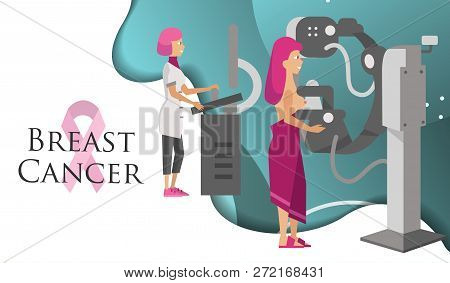 Doctor Checking Female Patient Breast With Mammogram Poster