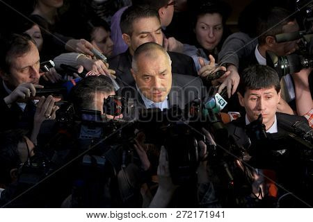 Sofia, Bulgaria - 13 January 2012: Bulgarian Prime Minister Boyko Borisov Speaks In Font Of Journali
