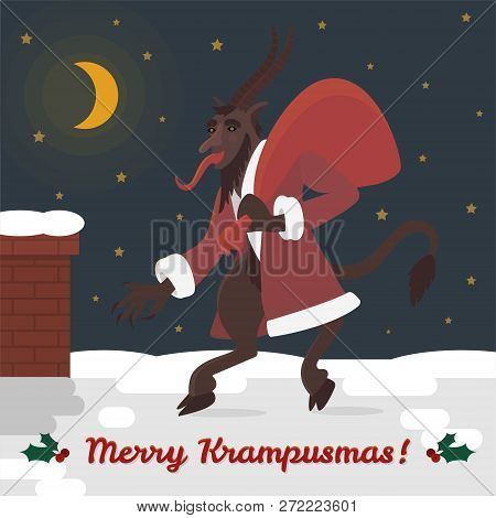Vector Illustration, Greeting Card With Krampus Character On The Roof In A Costume Of Santa Claus.