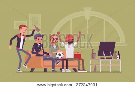 Men Gathering At Home, Assembly Or Friends Meeting. Group Of Football Fanatics Sitting On Coach Watc