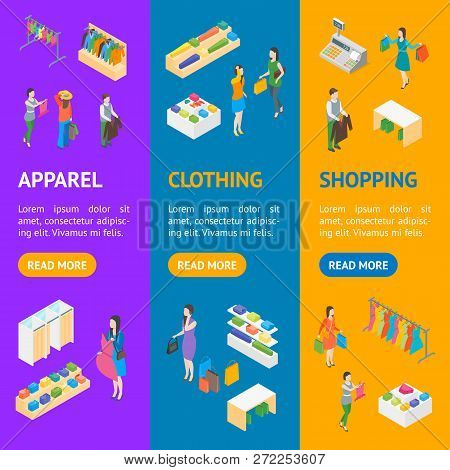 Clothing Store Interior With Furniture Banner Vecrtical Set Isometric View. Vector