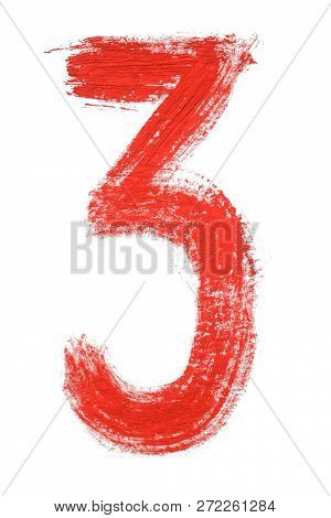 3 - Hand Painted Red Watercolor Numbers. Isolated On White Background