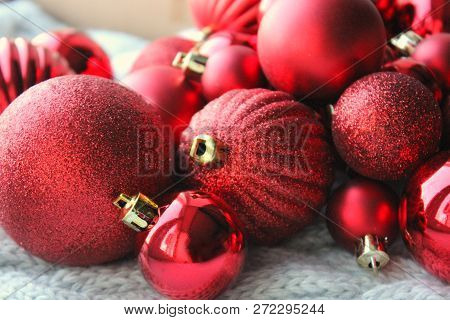 Red Christmas Background, Bunch Of Balls For Christmas Tree Close Up, Christmas Decorations, White S