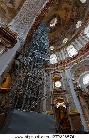 VIENNA, AUSTRIA - JULY 2018 : Lift, elevator to the cupola inside St. Charles Church, Karlsplatz in Vienna, Austria on July 15, 2018. Itâs called Karlskirche in Deutsch. 