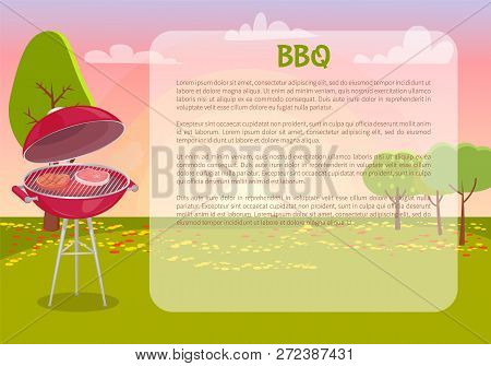 Bbq Poster With Text And Nature Vector. Grille Grid With Roasting Meat, Beef And Pork Grilling. Autu