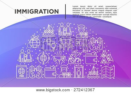 Immigration Concept In Half Circle With Thin Line Icons: Immigrants, Illegals, Baggage Examination, 