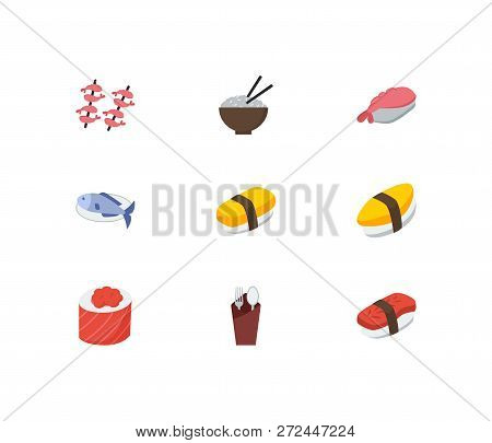 Food Icons Set. Unagi Nigin And Food Icons With Fork With Spoon, Maguro Nigiri And Ikura Roll. Set O