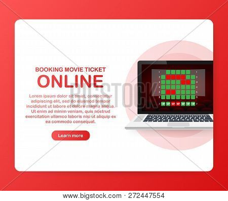 Online Movie Ticket Booking Concept By Laptop App On Red Background. Vector Stock Illustration.