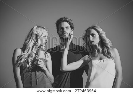 Beauty And Summer Fashion. Love Triangle And Romance. Man With Beard With Twins, Relations. Family T