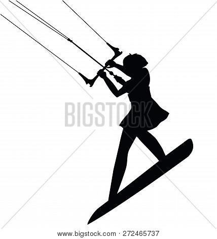 Kitesurfing Sport Female Silhouette In Action Isolated. Vector Design.