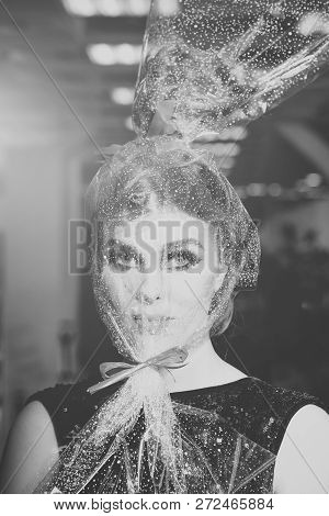 Girl With Transparent Wrapper On Face, Present. Woman Face Makeup Wrapped In Overwrap, Pack. Beauty,