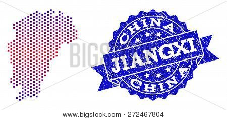 Geographic Collage Of Dotted Map Of Jiangxi Province And Grunge Seal Stamp. Mosaic Vector Map Of Jia