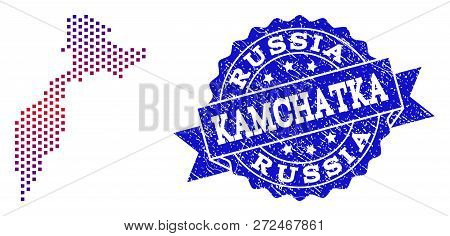 Geographic Collage Of Dotted Map Of Kamchatka Peninsula And Grunge Seal. Mosaic Vector Map Of Kamcha