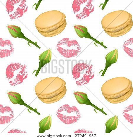 Seamless Pattern With French Sweet Macaroons, Roses And Lipstick Prints. Can Be Used In Food Industr