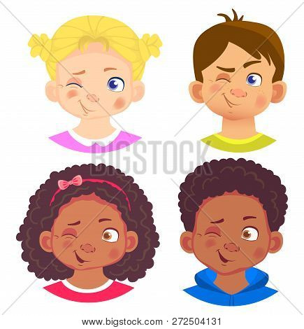 Girls And Boys Character Set. Emotions Of Children Face. Face  Illustration