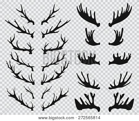 Elk And Deer Antlers Black Silhouette. Vector Icons Set Isolated On A Transparent Background.