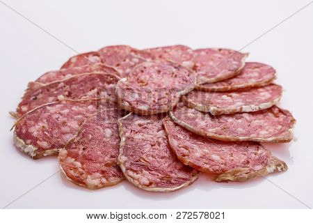 Saucisson Sec Delicious French Salami On A White Background